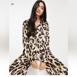 Satin Leopard Print Pants and Button Down Set